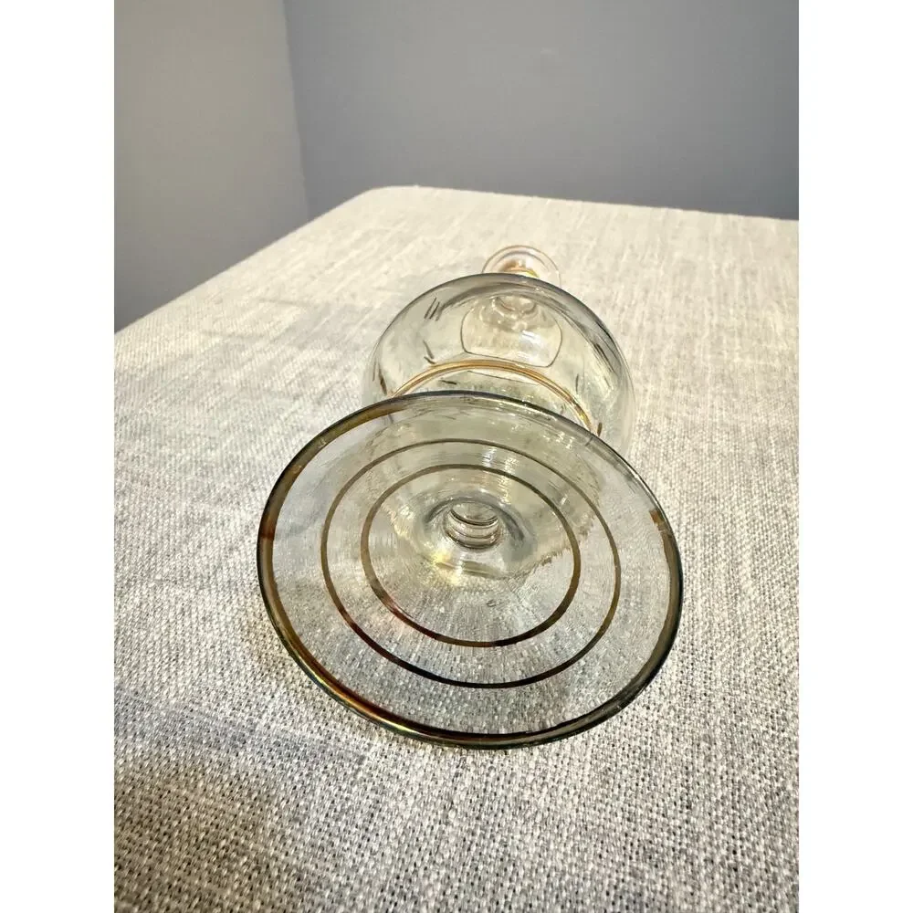 ✨ Vintage Iridescent Glass Bottle w/ Stopper Gold Trim | 9” Tall ✨